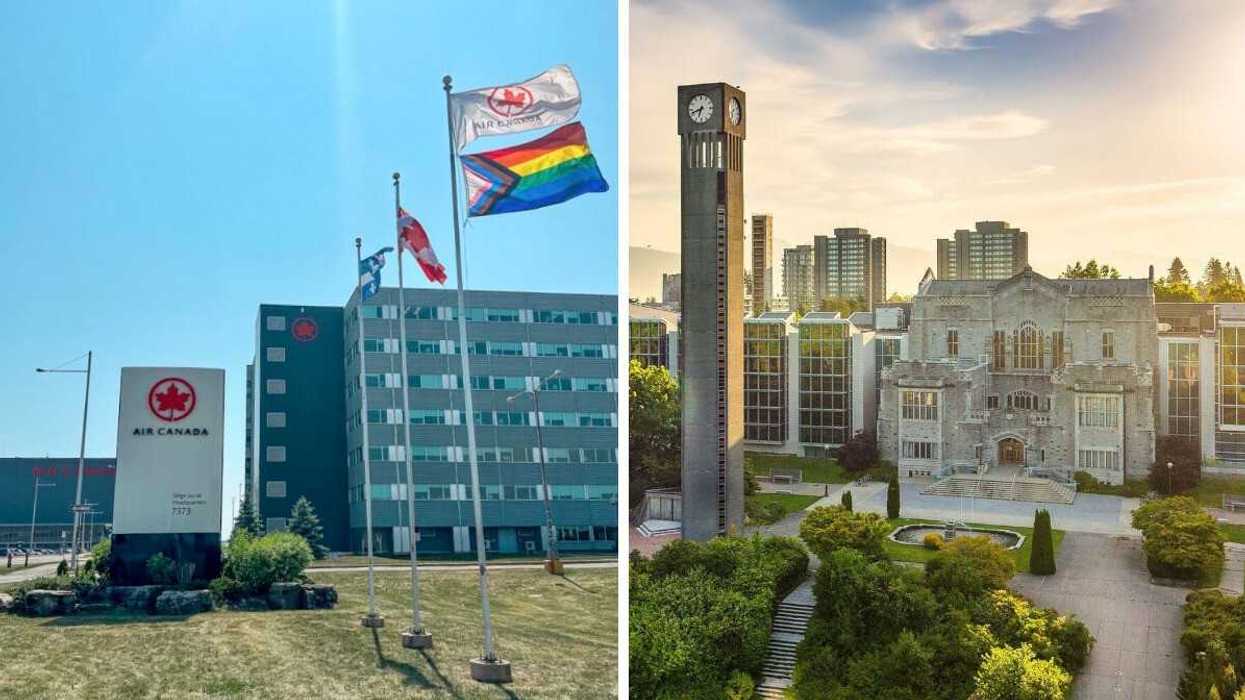 exterior of air canada headquarters office in montreal. right: buildings on university of british columbia campus