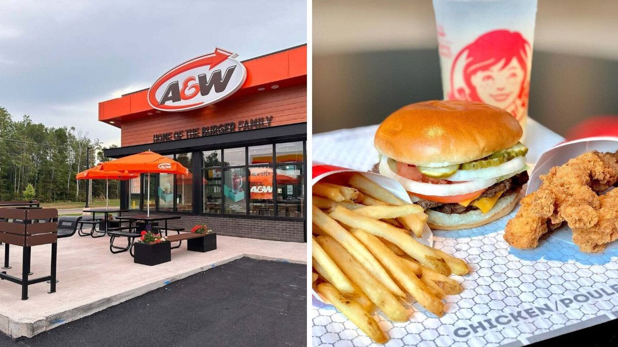 exterior of an a&w location in canada. right: wendy's fries, burger and chicken strips on a table