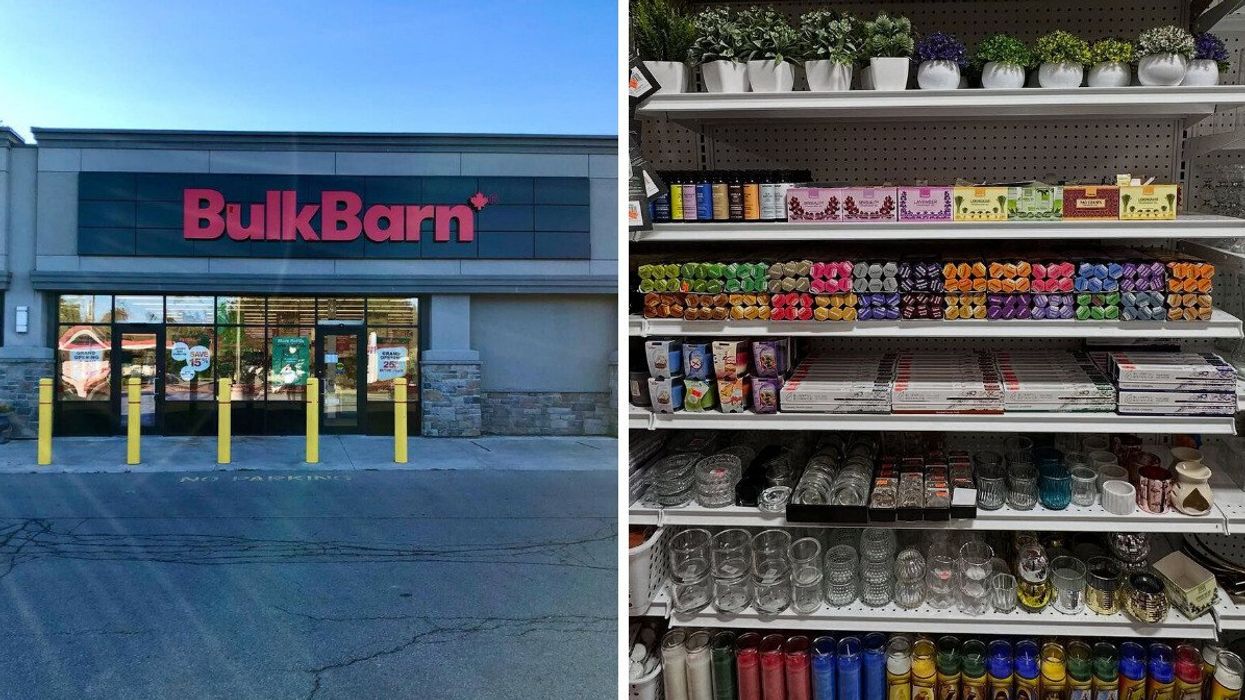 exterior of bulk barn store in ontario. right: products on shelves at your dollar store with more location in ontario