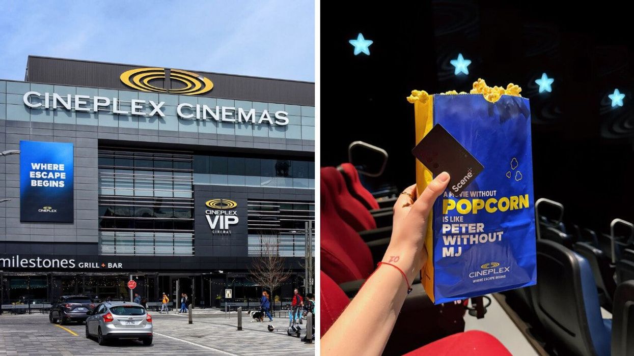 exterior of cineplex vip theatre in ottawa, ontario. right: person holding cineplex popcorn bag in a theatre