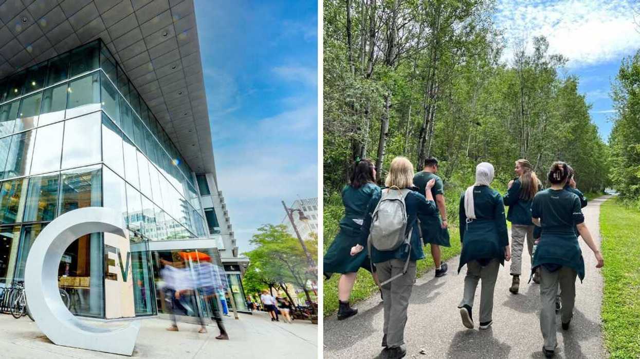 exterior of concordia university building with c sign. right: parks canada employees walking on a trail