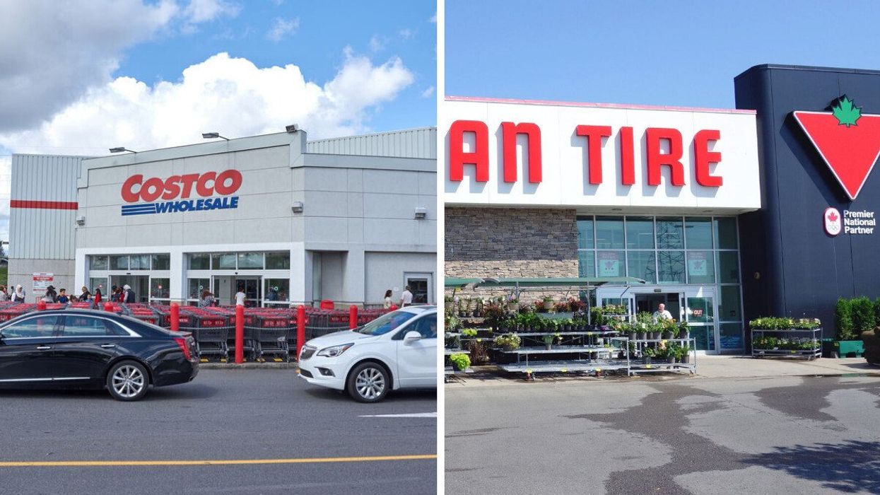 exterior of costco location in canada. right: exterior of canadian tire store
