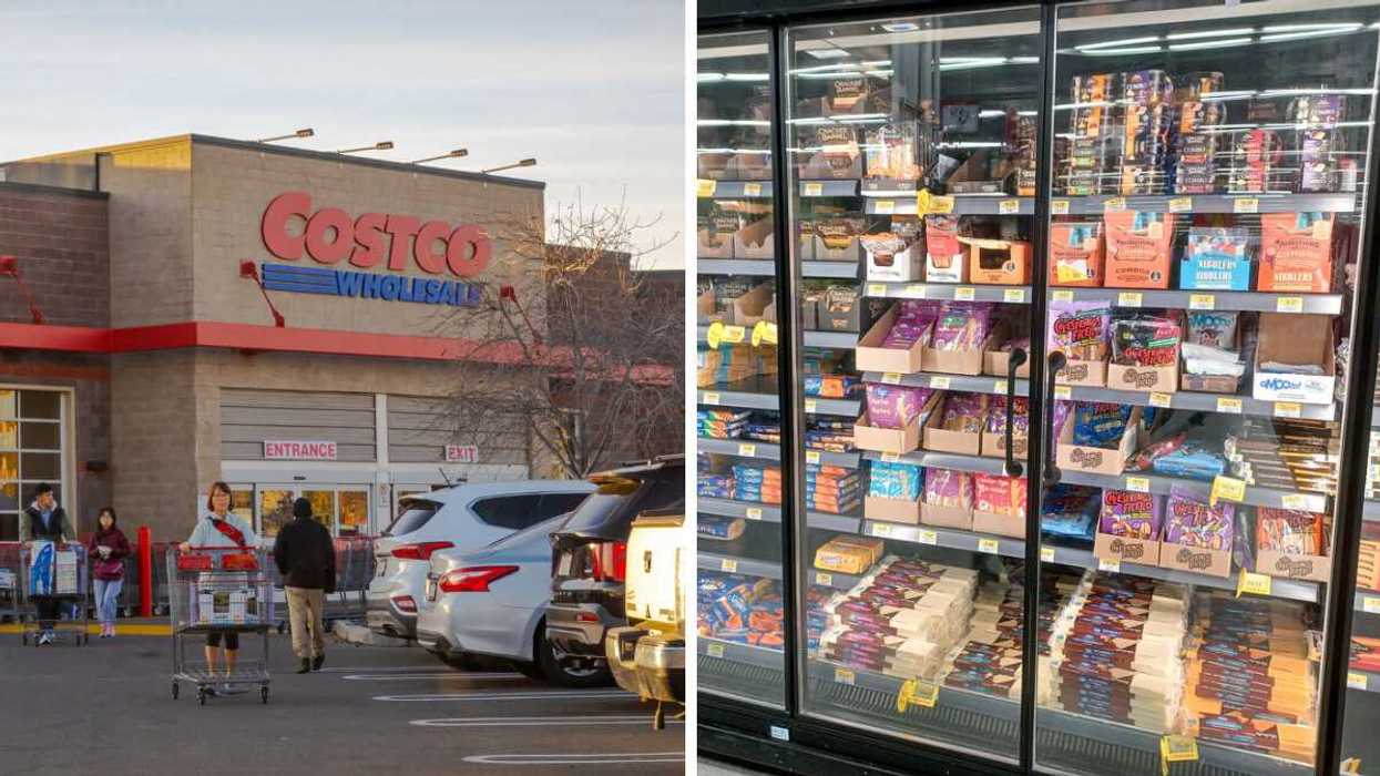 exterior of costco store in alberta. right: products in dairy section fridge at walmart store in ontario