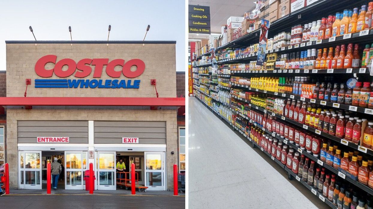 exterior of costco store in canada. right: aisle in a no frills store in canada
