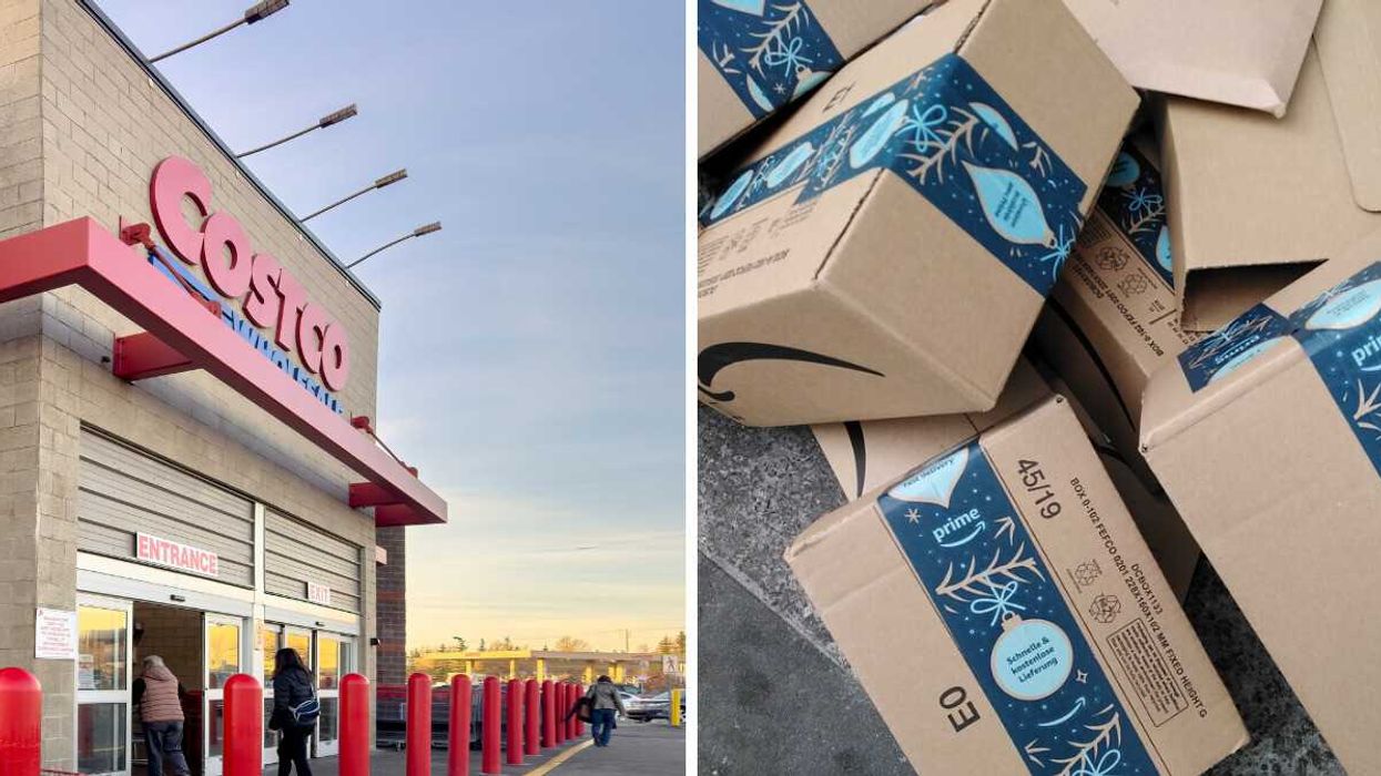 exterior of costco store in canada. right: pile of amazon boxes with holiday prime tape