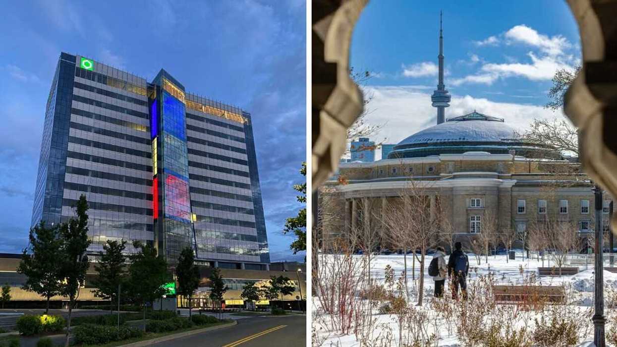 exterior of desjardins office building with red and blue lights. right: people on university of toronto campus with cn tower in background