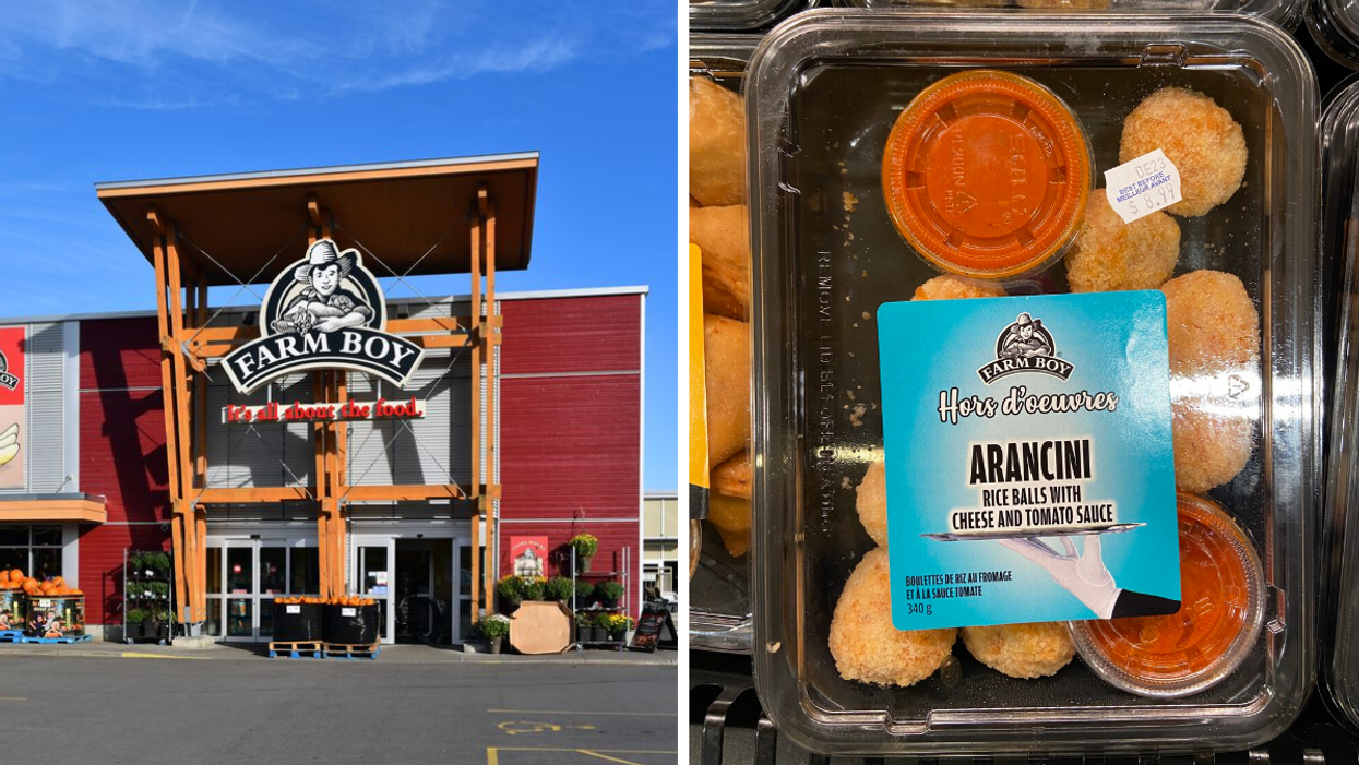 Exterior of Farm Boy store in Ottawa. Right: Farm Boy Arancini balls in a container.