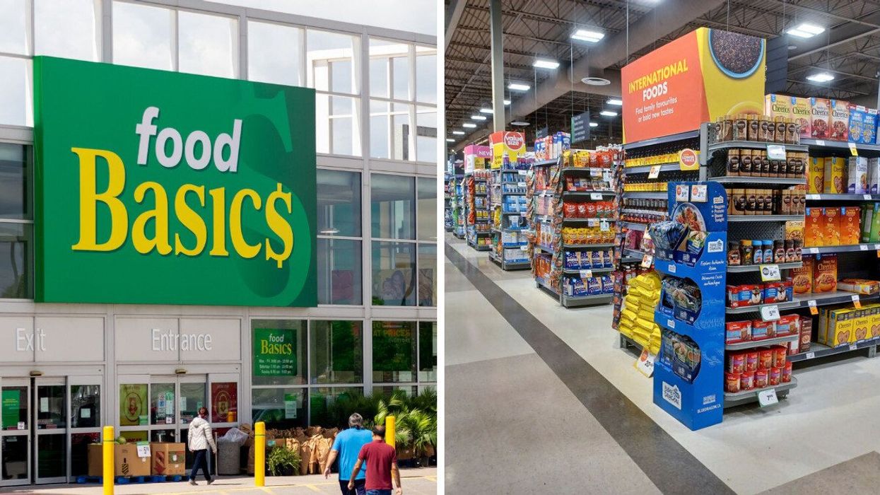 exterior of food basics grocery store in ottawa. right: aisles in sobeys grocery store in toronto