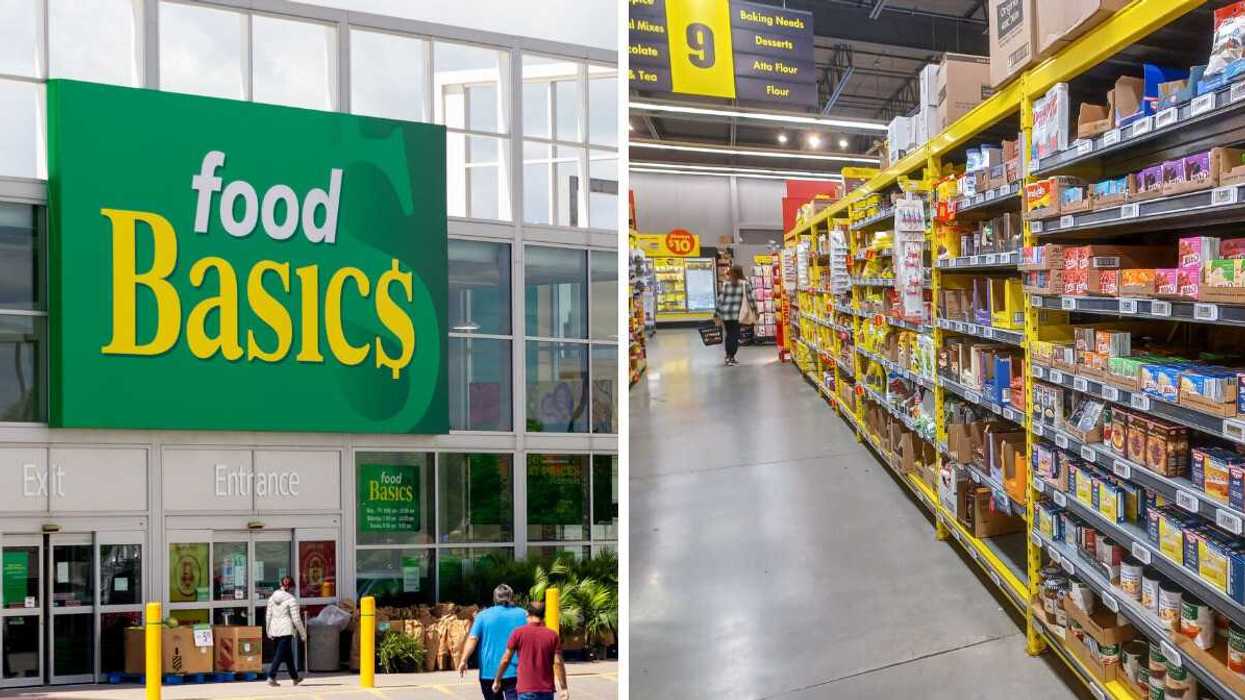 exterior of food basics store in ontario with green white and yellow sign. right: no frills store aisle