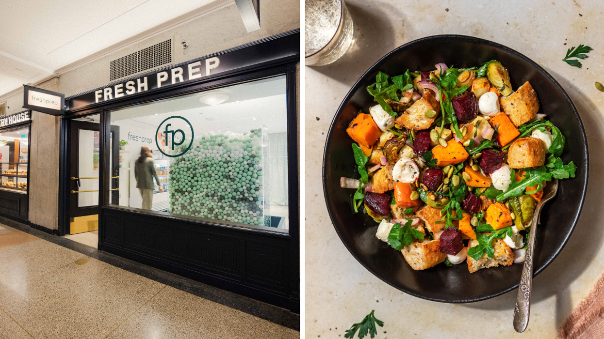 Exterior of Fresh Prep pop-up with large glass window, modern logo, and customers walking inside a bright, contemporary space., Right: Close-up of a colourful Winter Panzanella bowl with beets, squash, arugula, mozzarella, croutons, and pumpkin seeds on a light table surface.