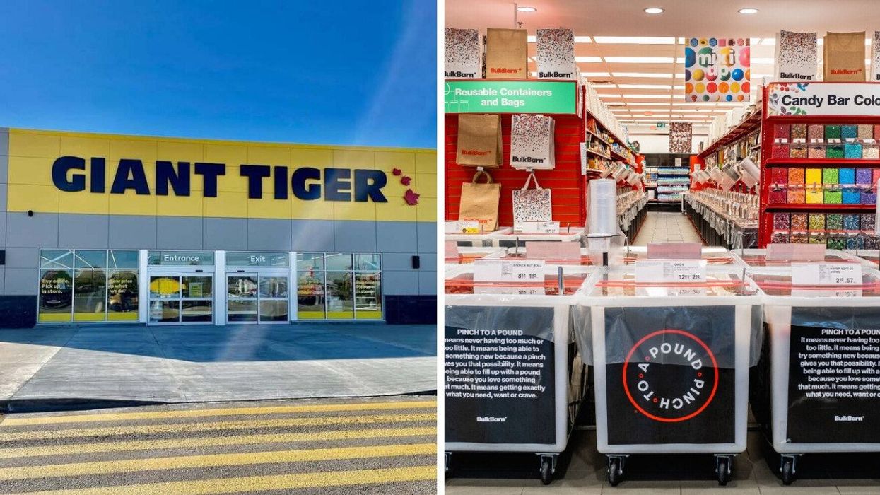 exterior of giant tiger store in canada. right: aisle at a bulk bar store in canada