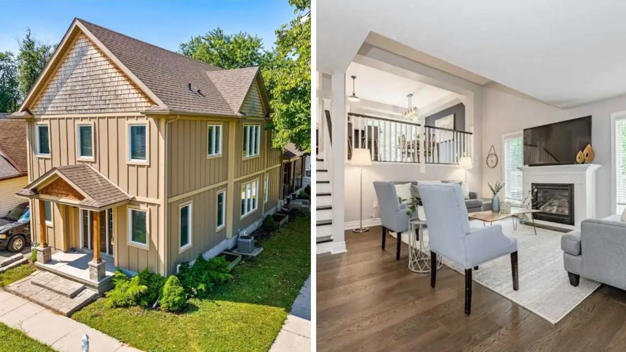 Exterior of home in Saint Catharines, Ontario. Right: Living room with seating and fireplace.