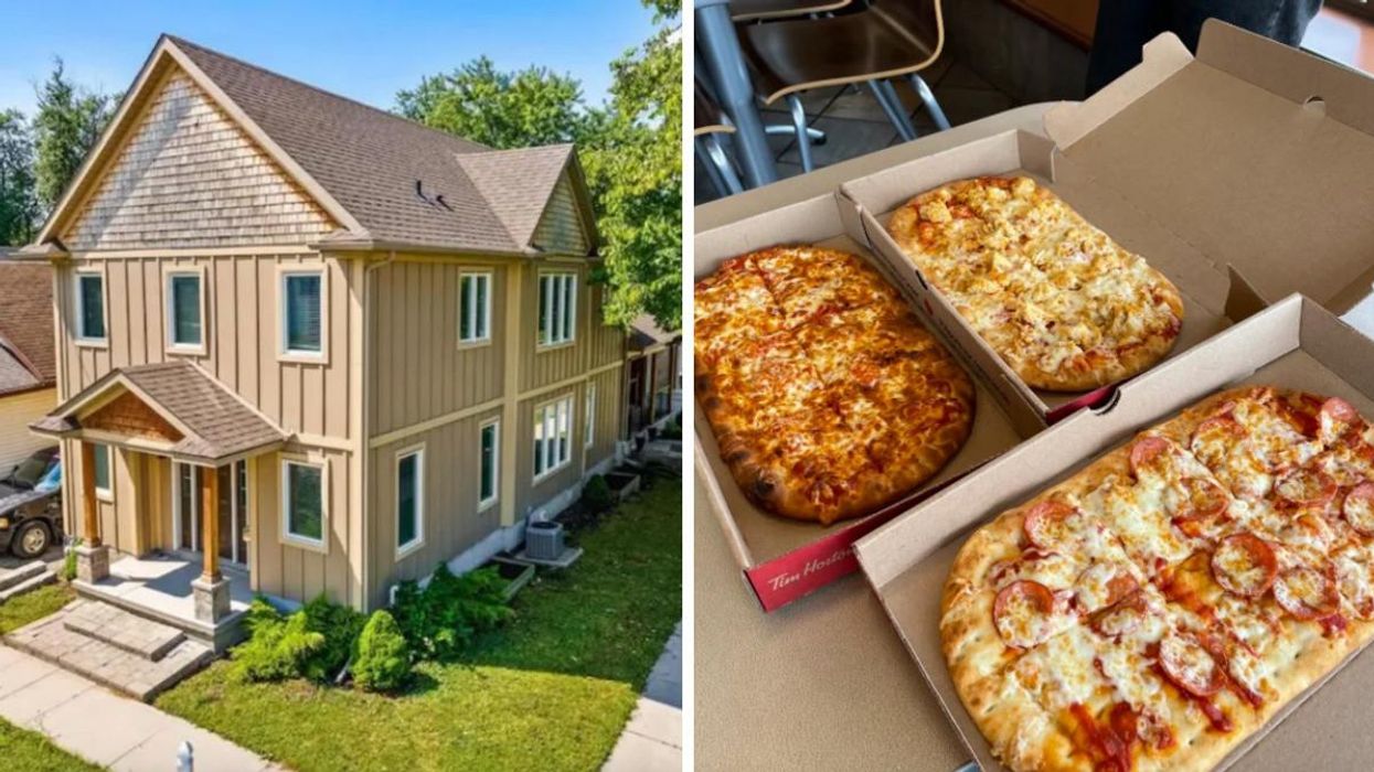 Exterior of home in Saint Catharines, Ontario. Right: Tim Hortons' Flatbread Pizza.