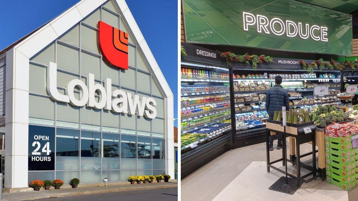 exterior of loblaws grocery store in ontario. right: person standing in produce section of sobeys grocery store