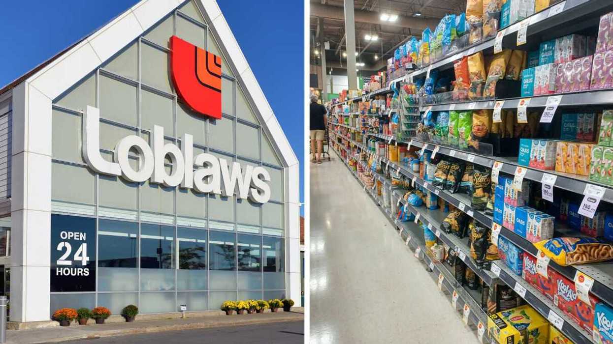 exterior of loblaws store. right: products on shelves in aisle at sobeys store