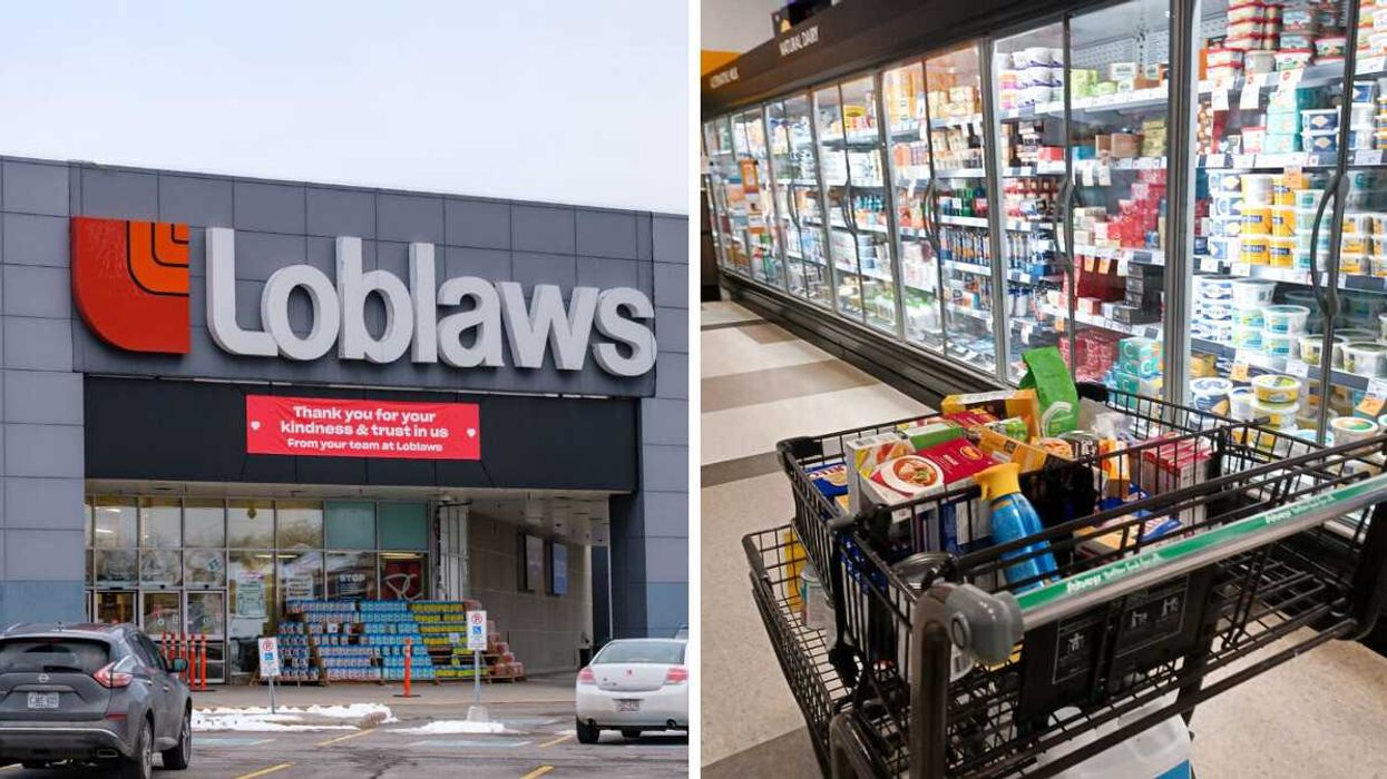 exterior of loblaws store. right: shopping cart in freezer aisle at sobeys store