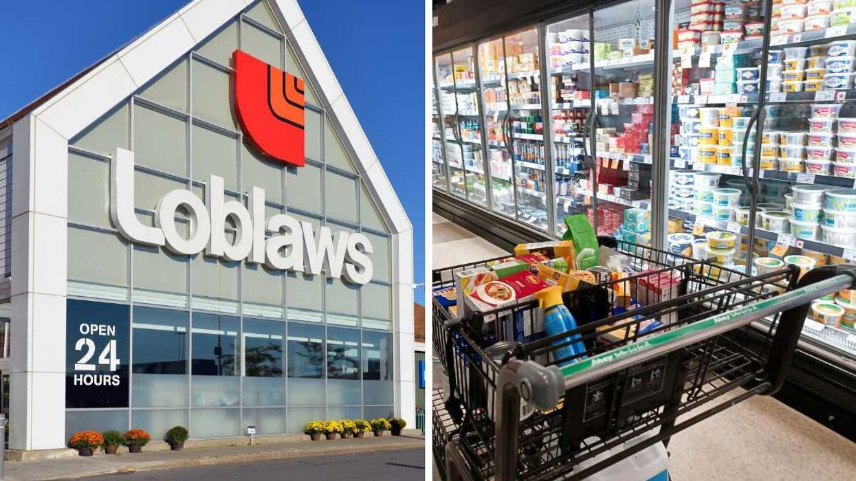 exterior of loblaws store. right: shopping cart in the dairy aisle at a sobeys store