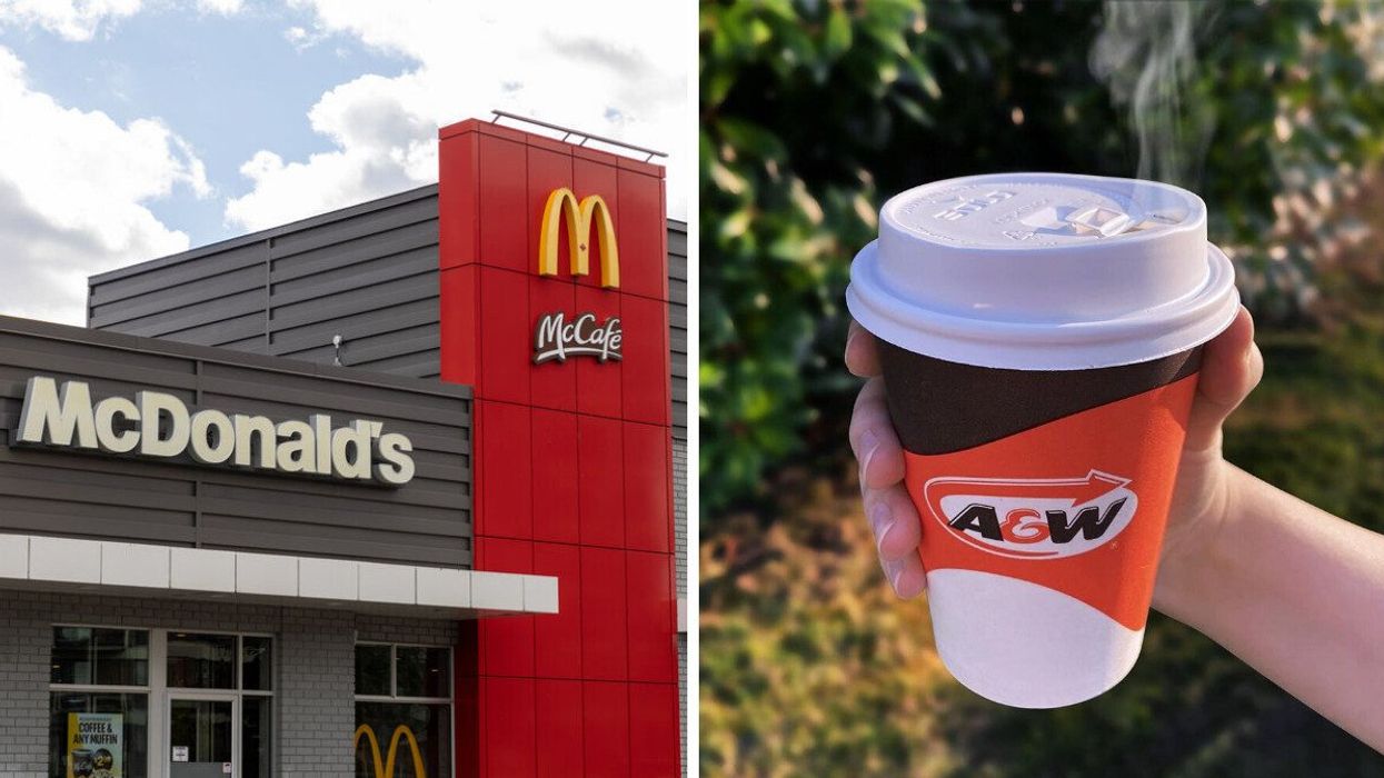 exterior of mcdonald's canada location with mccafe sign. right: persn holding cup of a&w coffee
