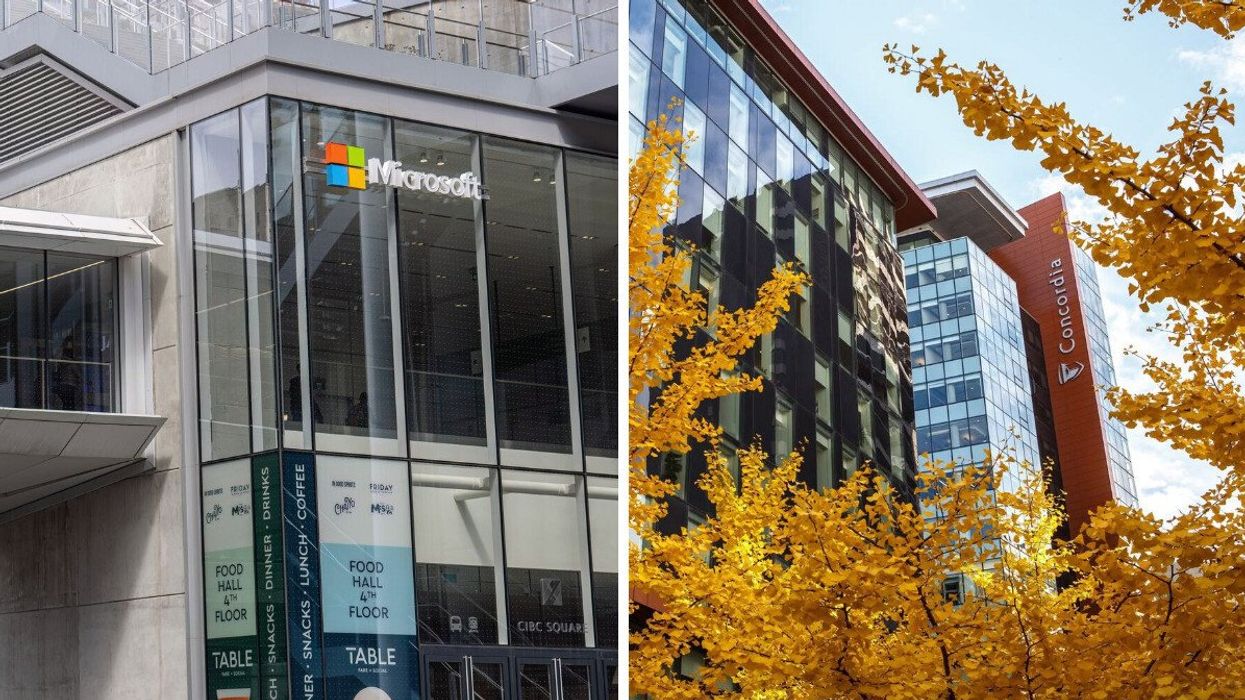 exterior of microsoft building in toronto. right: exterior of concordia university building on campus in montreal