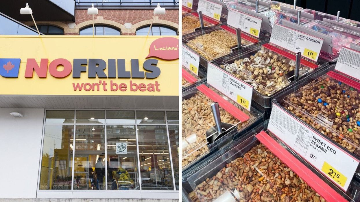 exterior of no frills store in toronto. right: bins of food at bulk barn store