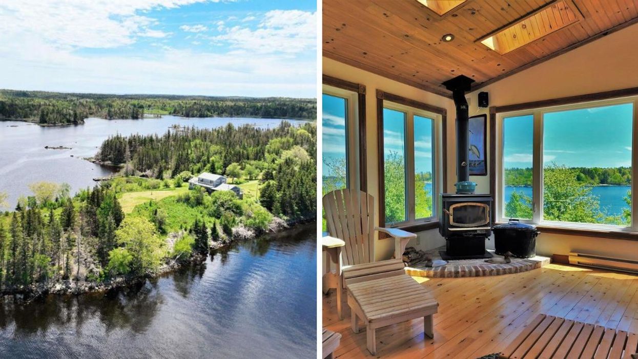 Exterior of the house for sale in Nova Scotia on a private peninsula. Right: Living room of the house with views of the ocean.