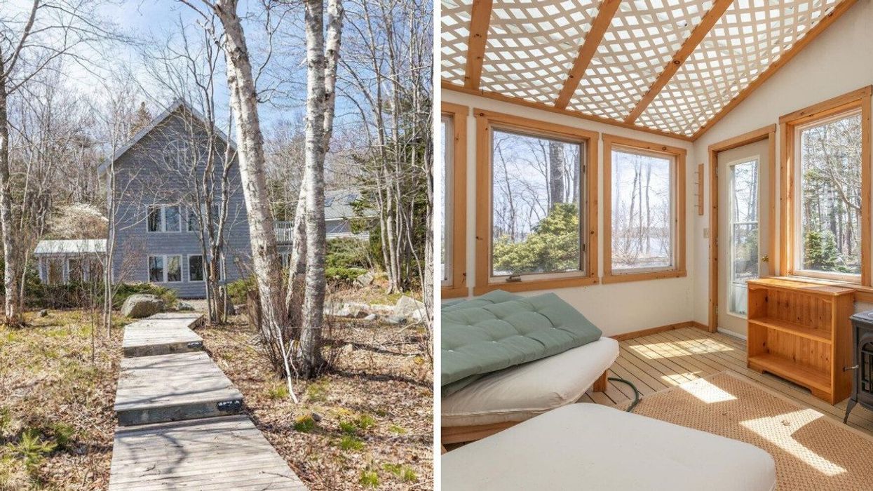 Exterior of the house for sale in Nova Scotia. Right: Sunroom in the house with ocean views.