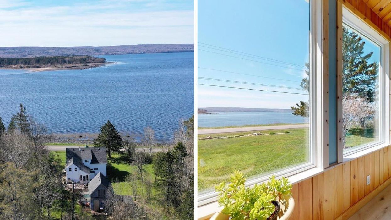 Exterior of the house for sale in Nova Scotia. Right: View of the water from inside the home.