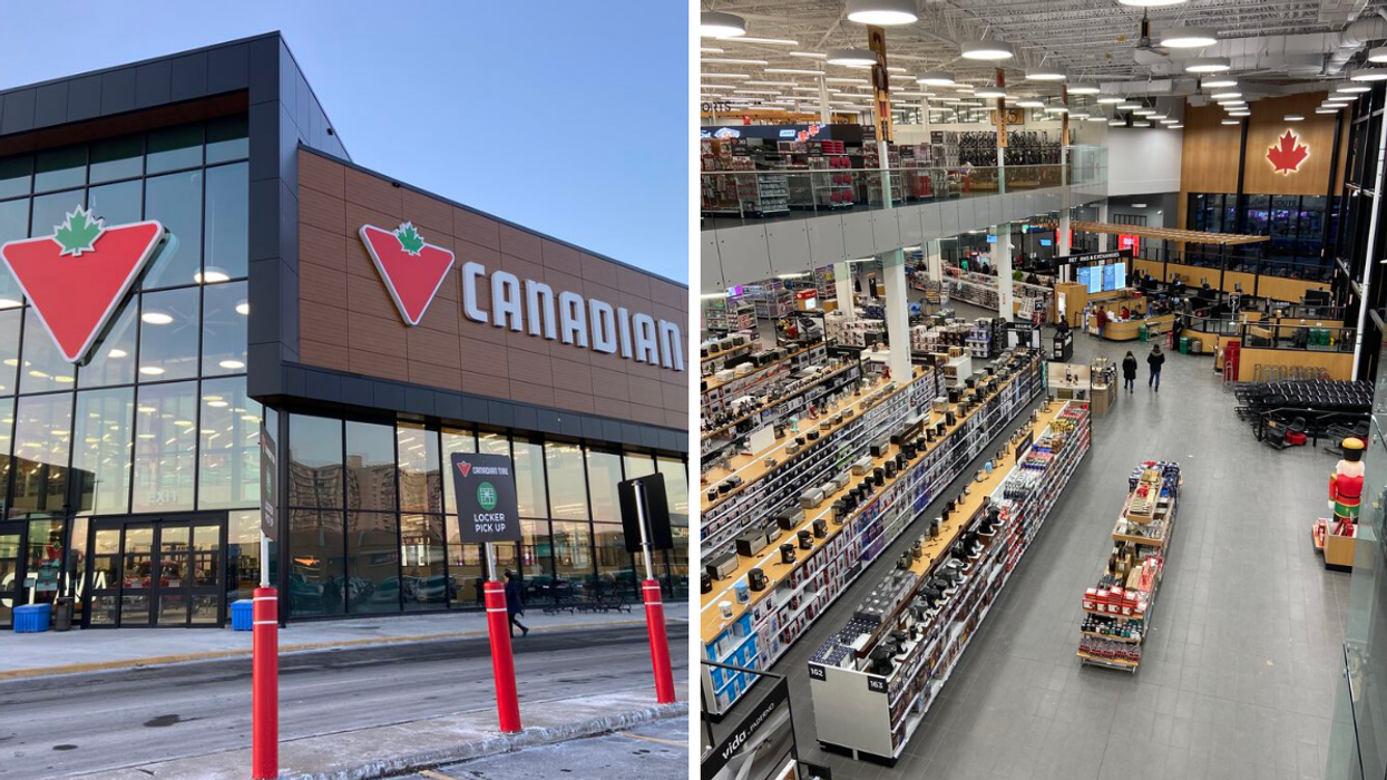 Exterior of the new Canadian Tire store in Ottawa. Right: Rows of shelves from a second floor view.