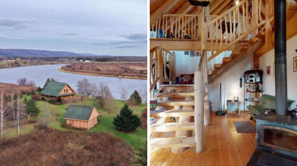 Exterior of the riverfront cabin. Right: The cozy log interior of the home.
