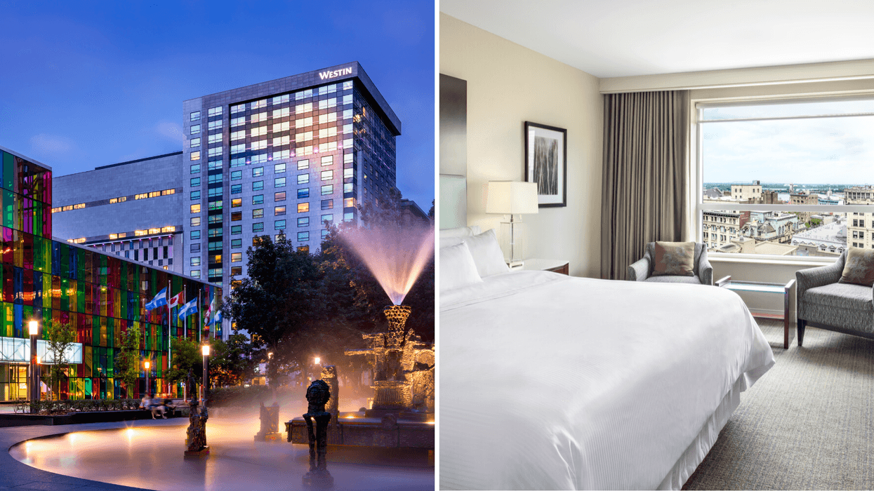 Exterior of The Westin Montréal in Old Montréal. Right: Modern guest room at The Westin Montréal with city views.
