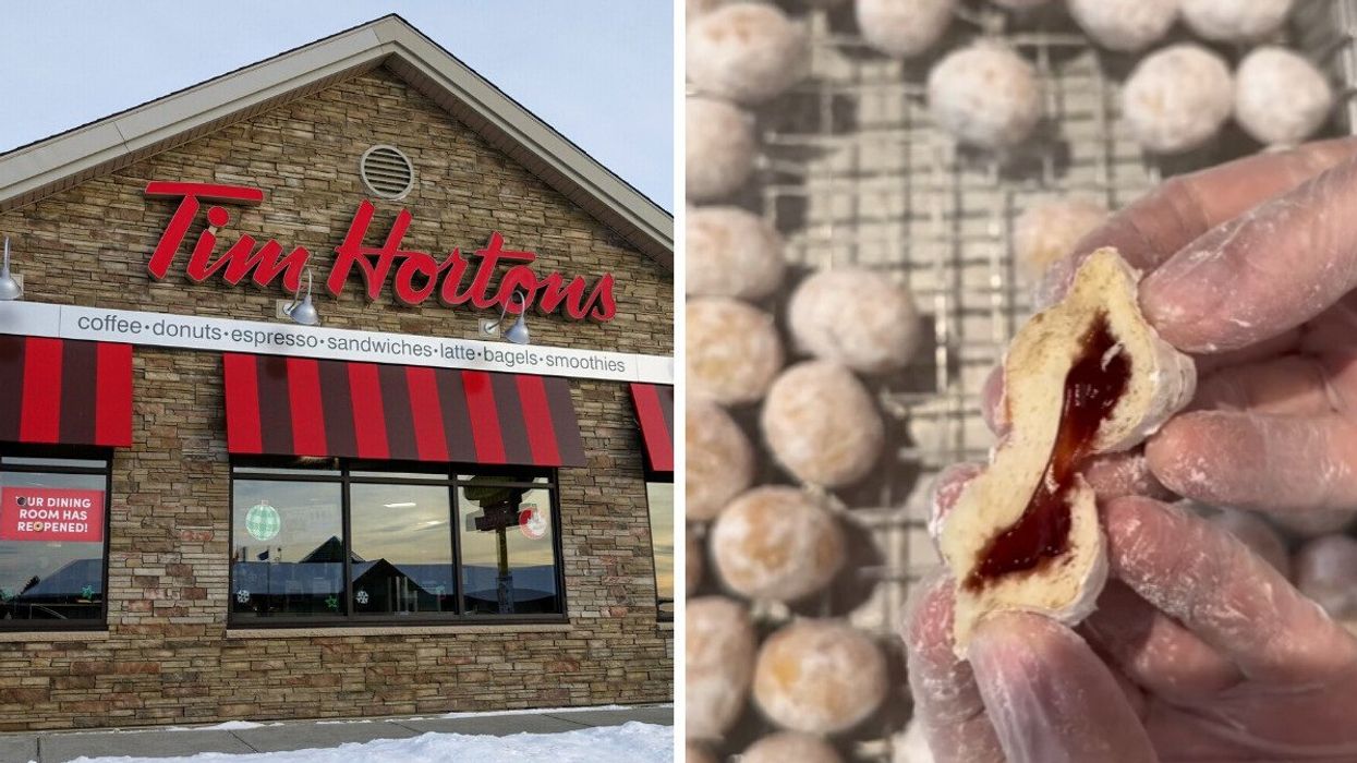 exterior of tim hortons locaiton in canada. right: person pulling open a powdered strawberry filled timbit