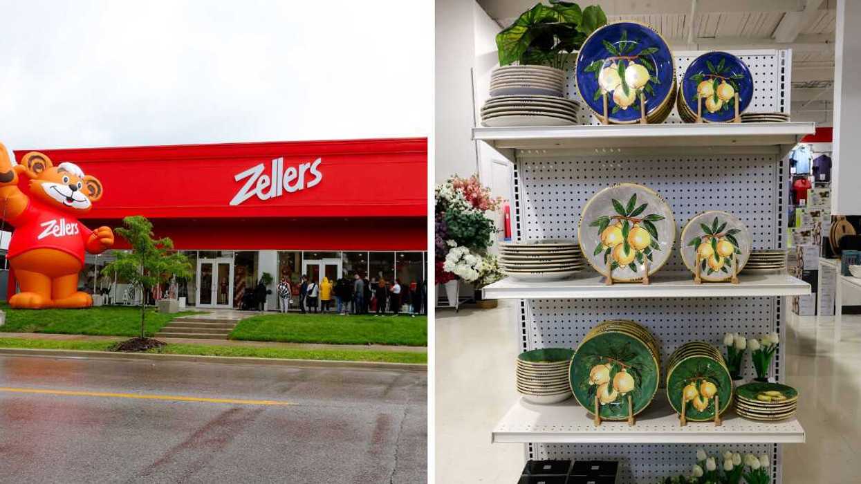 exterior of zellers store in toronto with zeddy inflatable. right: plates on shelves in zellers store in toronto