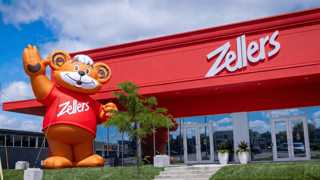 exterior of zellers store store in toronto wiht inflatable zeddy mascot
