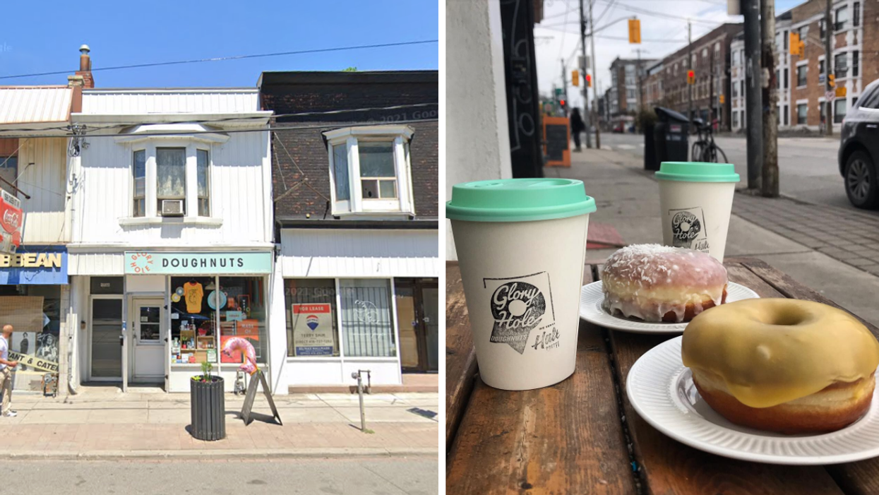 Exterior shot of Glory Hole Doughnuts in Parkdale, Right: Close-up of the doughnuts and coffee at the Toronto bakery.