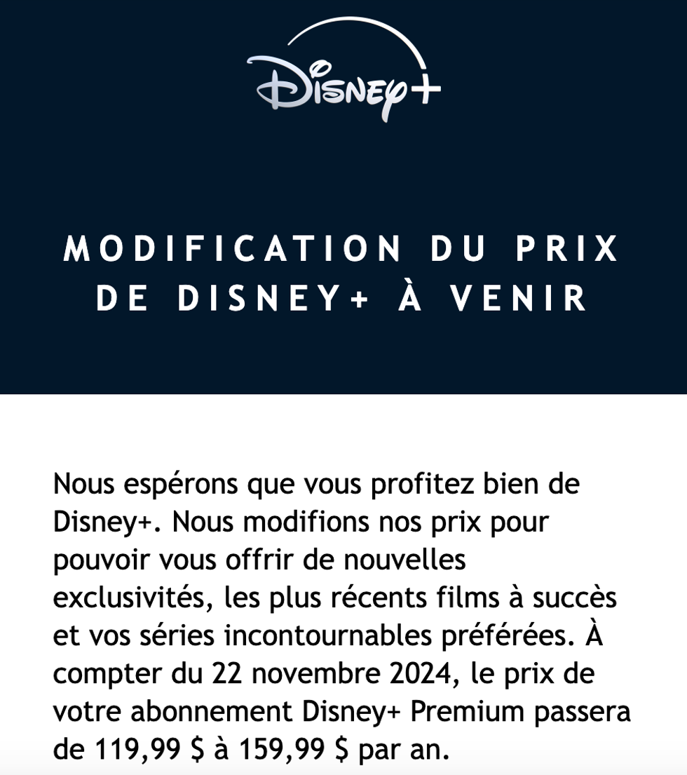 Extrait d'un courriel envoy\u00e9 par Disney+.
