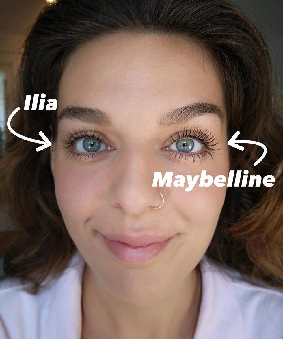 brittany wearing the ilia mascara on one eye and the maybelline sky high mascara on the other