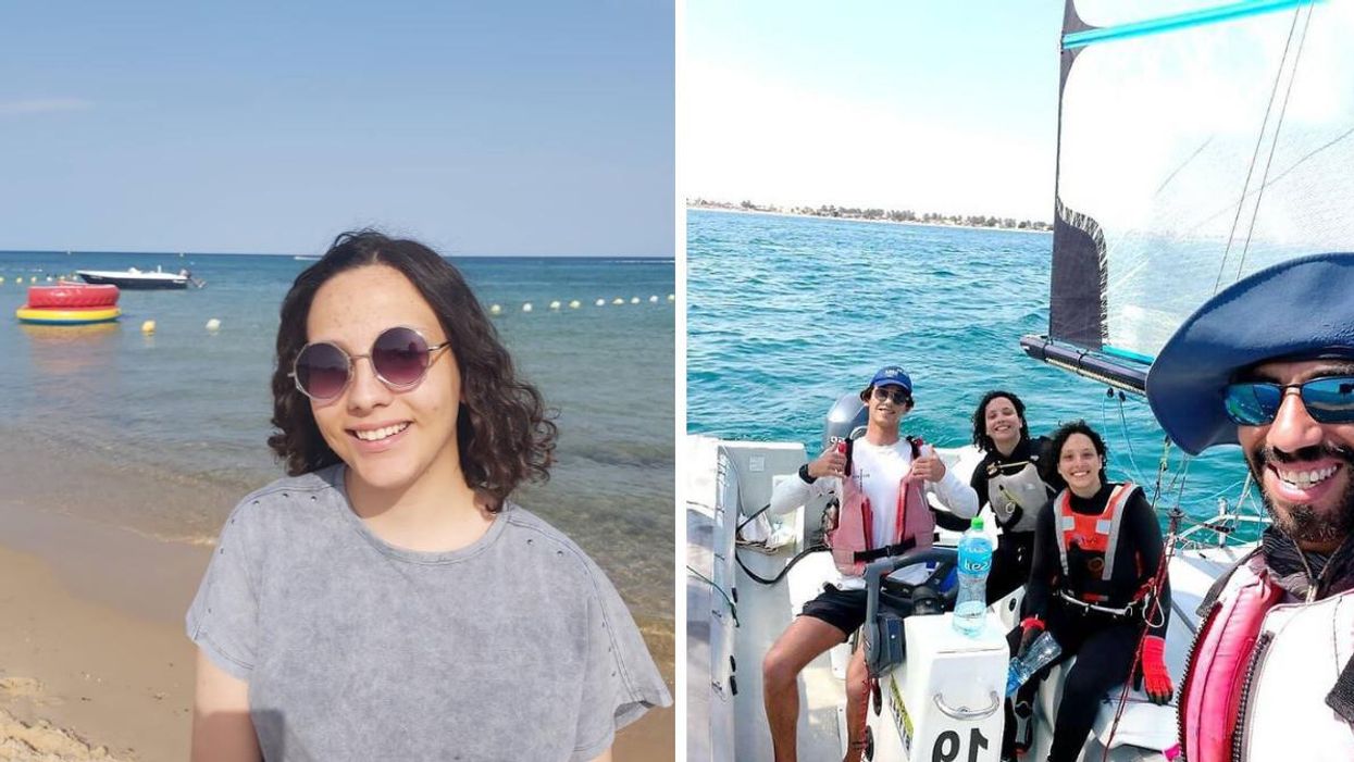 Eya Guezguez at the beach. Right: Eya Guezguez and her sister Sarra Guezguez on a sail boat.