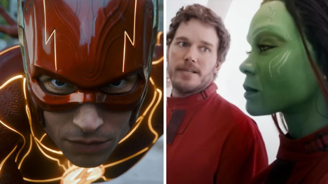 Ezra Miller in "The Flash." Right: Chris Pratt and Zoe Saldana in "Guardians Of The Galaxy Vol. 3."
