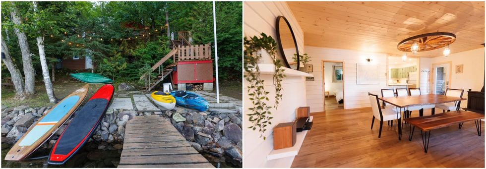 Fa\u00e7ade d'un chalet au bord de l'eau avec un quai et des embarquations auatiques. Droite : Salle \u00e0 manger du chalet au bord de l'eau.