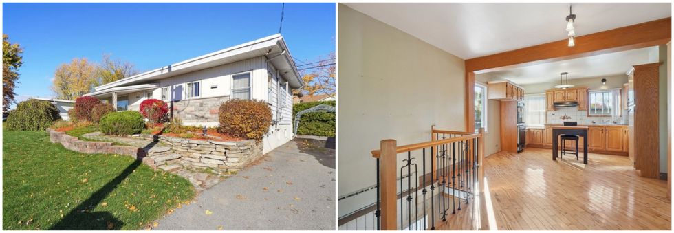 fa\u00e7ade d'une maison blanche avec un am\u00e9nagement paysager. Droite : escalier et cuisine aux armoires en bois d'une maison \u00e0 vendre