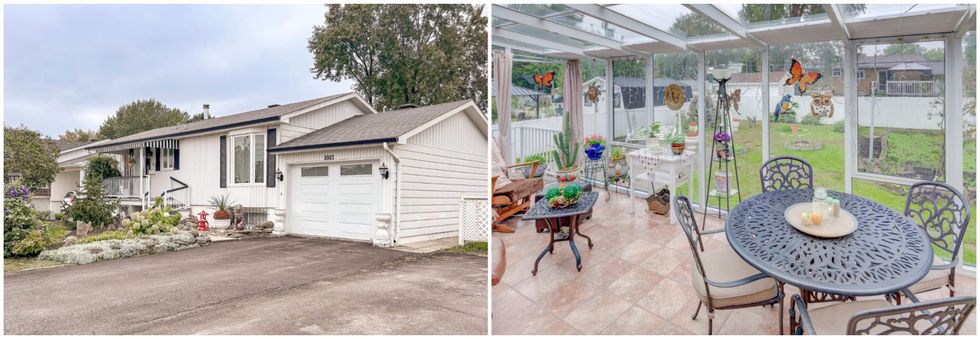 fa\u00e7ade d'une maison blanche et son all\u00e9e de stationnement vue de c\u00f4t\u00e9. Droite : solarium meubl\u00e9 et d\u00e9cor\u00e9 avec vue sur la cour arri\u00e8re