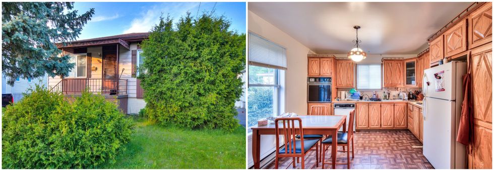 fa\u00e7ade d'une maison cach\u00e9e par des buissons. droite : cuisine avec armoire en bois et table \u00e0 manger avec trois chaises