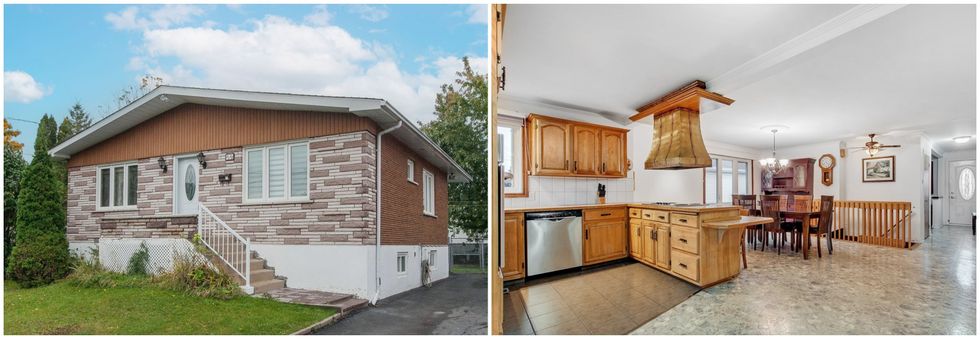 fa\u00e7ade d'une maison de briques avec un escalier et le gazon de la cour avant. Droite : cuisine aux armoires de bois et salle \u00e0 manger meubl\u00e9e \u00e0 aire ouverte
