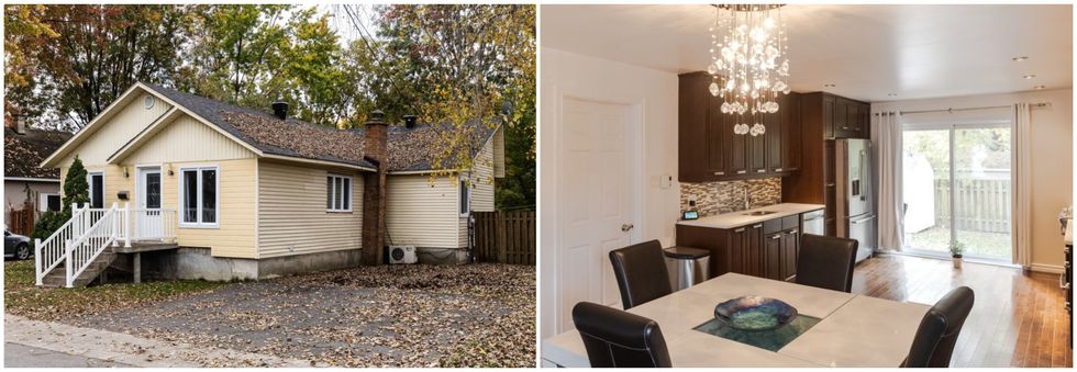 fa\u00e7ade d'une maison jaune couverte de feuilles en automne. Droite : table \u00e0 manger devant une cuisine aux armoires brunes