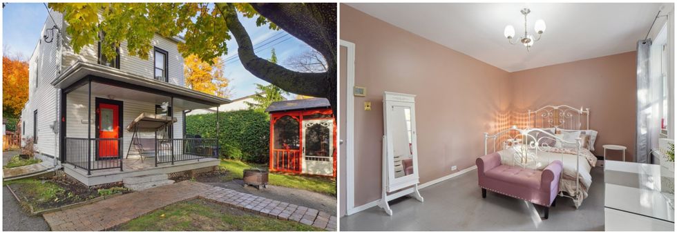 fa\u00e7ade d'une maison \u00e0 \u00e9tages blanche avec une porte rouge. Droite : chambre principale rose avec un lit, un si\u00e8ge et un miroir