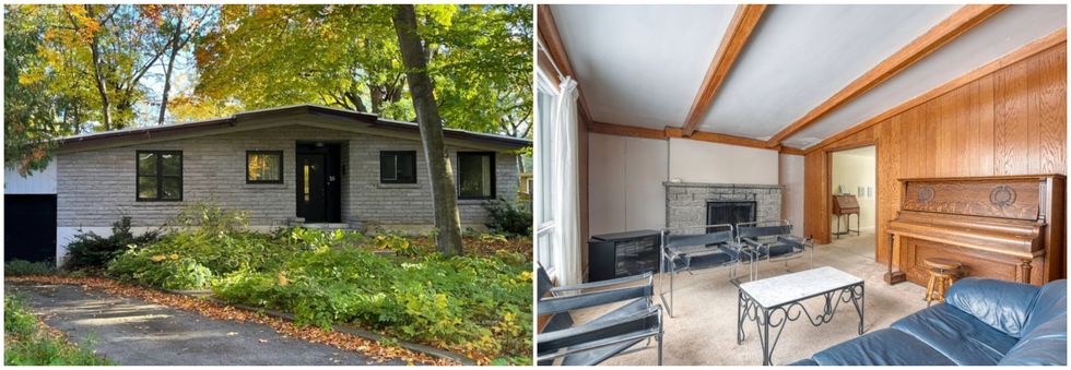 fa\u00e7ade de maison grise dans un terrain avec verdure. Droite : Salon meubl\u00e9 avec foyer de pierres et mur pannel\u00e9 en bois