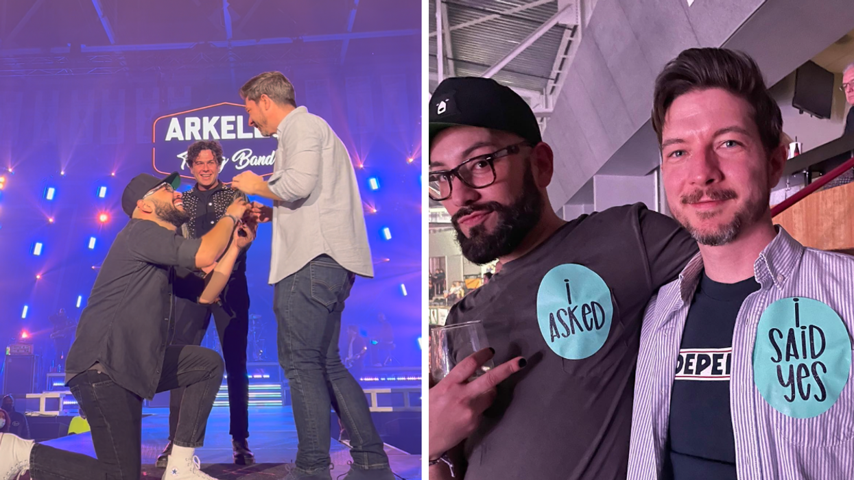 Fabian Vargas proposing to Drew Price in front of Max Kerman of the Arkells, Right: The engaged couple posing together.