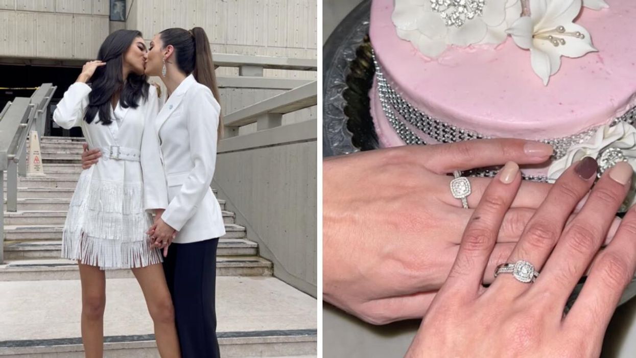 Fabiola Valentin and Mariana Varela. Right: Fabiola and Mariana's hands with their wedding rings.