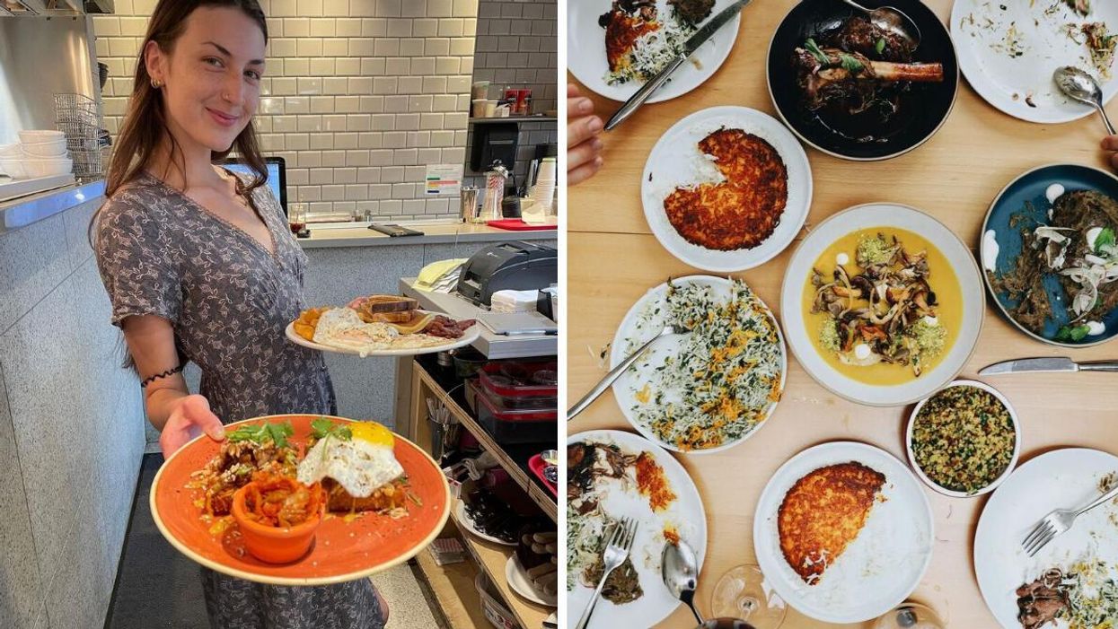 Fable Diner Vancouver employee holding food. Right: Delara Restaurant spread.