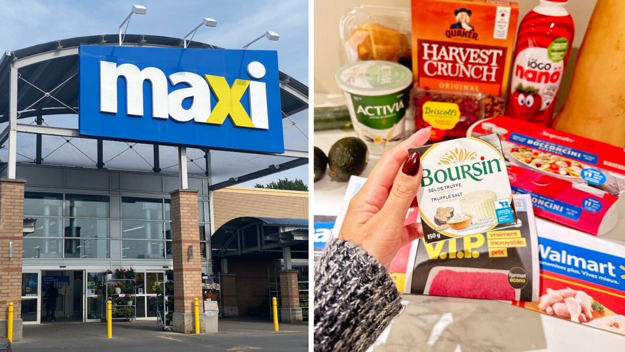 Façace d'un Maxi avec les portes ouvertes. Droite : Une main tenant une boite de fromage Boursin devant des articles et des circulaires d'épicerie.